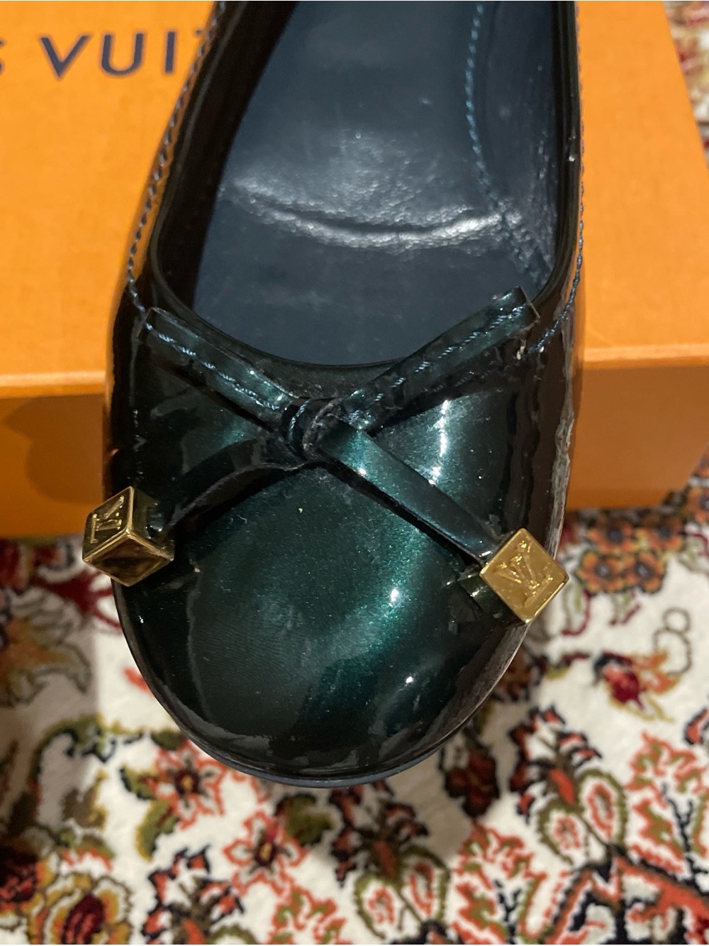 Louis Vuitton Emerald Green Patent Ballet Flat with Gold Cube Details